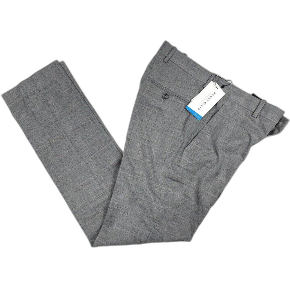 Perry Ellis Portfolio Men's Gray Slim-Fit Smoked Pearl Plaid Dress Pants 31x32